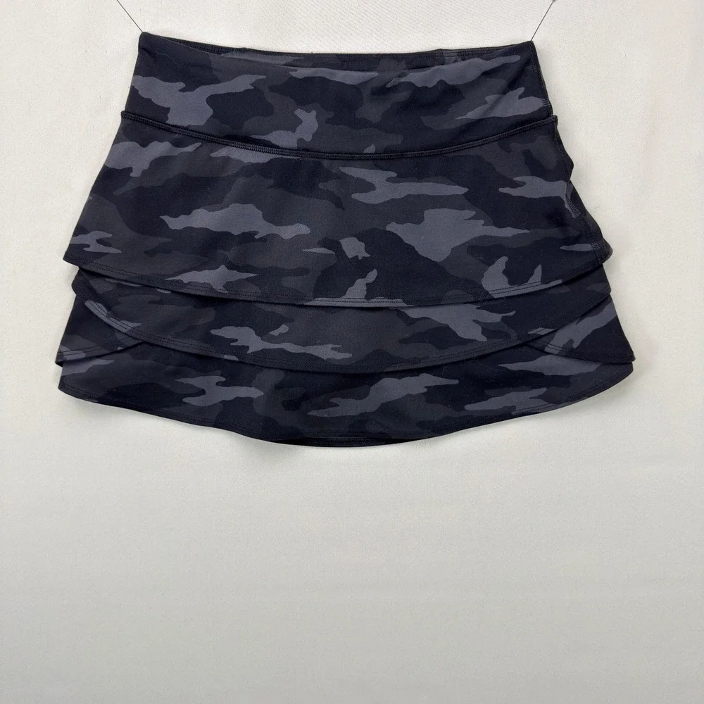 Athleta Girl Camo Lux Swing Skort Girls L/12 Tiered Ruffle Black Gray Active SU2